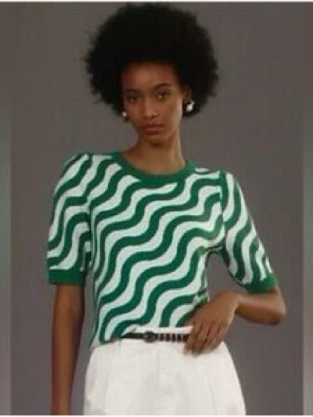 Maeve Anthropologie Green and White Wavy Knit Top